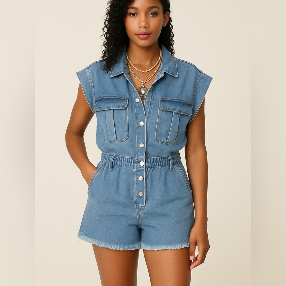 NEW.[BLANKNYC]‎ womens Women's Short Sleeve Denim Romper SIZE: M.